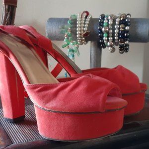 Ladies Orange Suede Platform Shoes, Size 10